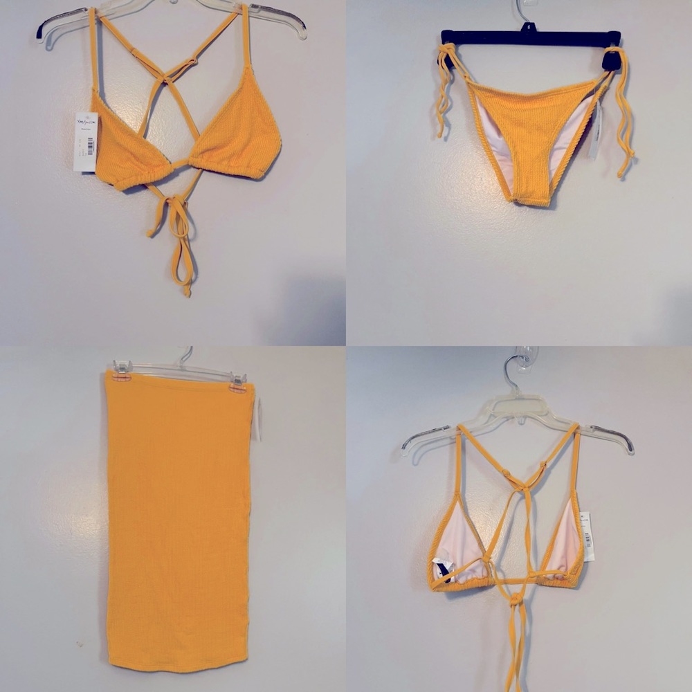 Mustard Yellow Three Piece Swim Suit  Triangle String  Back top and cover up.